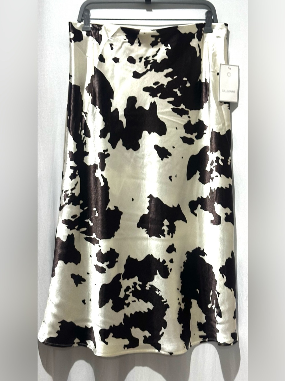 Calligraphie Satin Cow Print Midi Skirt with Slit